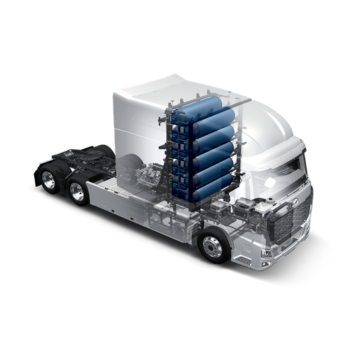 Cutaway rendering of the Hyundai XCIENT Fuel Cell truck showing the internal layout of hydrogen tanks, fuel cell stacks, and electric drivetrain components