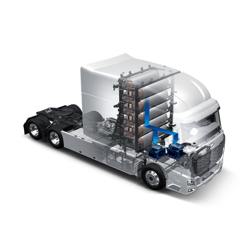 Cutaway rendering of the Hyundai XCIENT Fuel Cell truck showing the internal layout of hydrogen tanks, fuel cell stacks, and electric drivetrain components