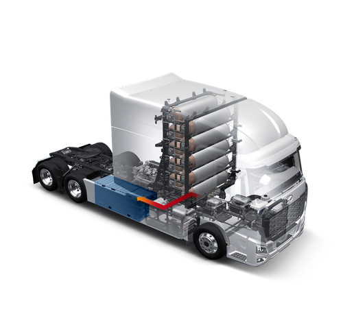 Cutaway rendering of the Hyundai XCIENT Fuel Cell truck showing the internal layout of hydrogen tanks, fuel cell stacks, and electric drivetrain components