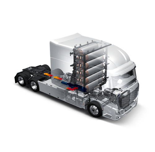 Cutaway rendering of the Hyundai XCIENT Fuel Cell truck showing the internal layout of hydrogen tanks, fuel cell stacks, and electric drivetrain components