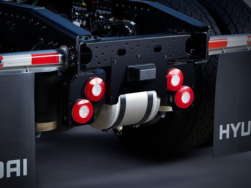 Close-up of the back of Hyundai XCIENT, showcasing new layout LED rear combination lamps