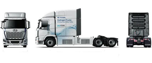 Front, side, and rear views of Hyundai XCIENT fuel cell truck